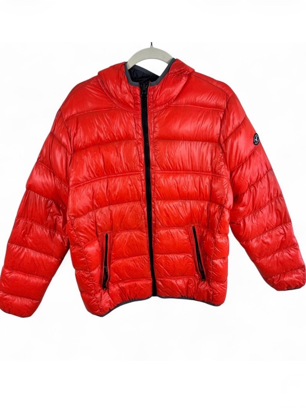 American Eagle Mens Orange Down Filled Hooded Puffer Jacket Large Full Zip Puffy
